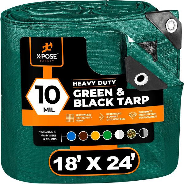 Xpose Safety 18 ft x 24 ft Heavy Duty 10 mil Tarp, Black/Green, Polyethylene MTGB-1824-X